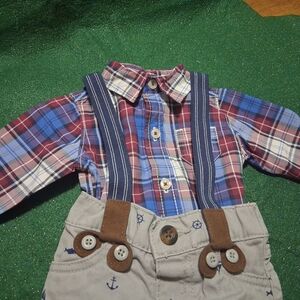 Carter's Blue Plaid Shirt and Gray Suspender Overalls Set